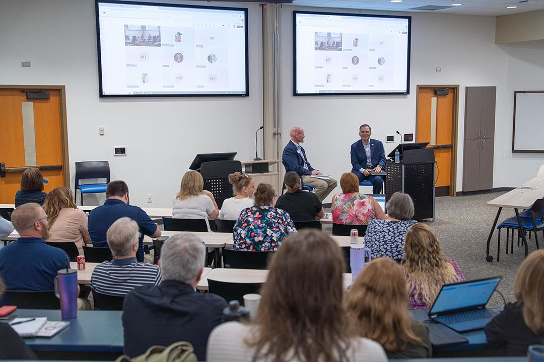 Then-interim President Dr. Salmeier and then-incoming President Dr. Peterson host a panel with faculty and staff